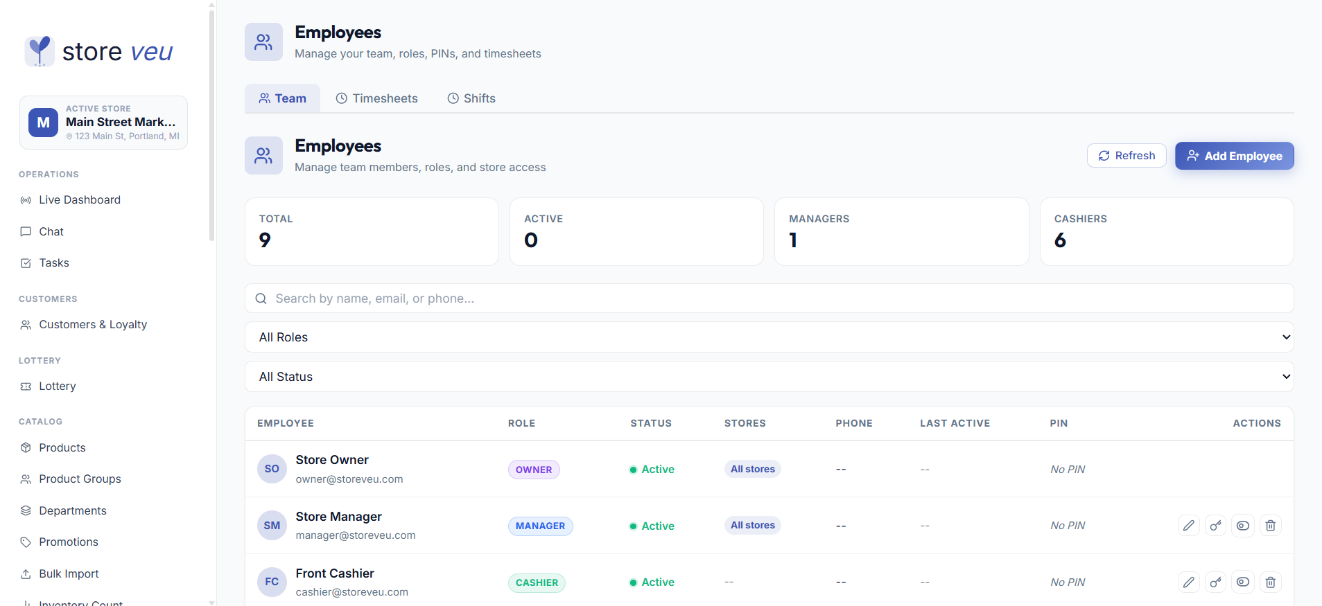 Scheduling, Tasks & Team screen