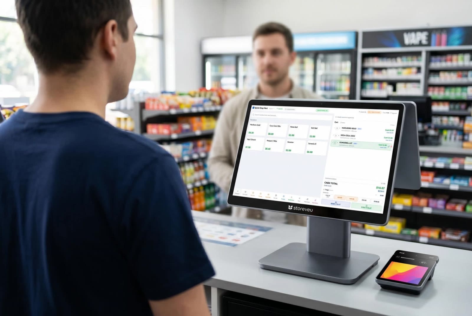 A cashier ringing up a sale on the Storeveu point of sale, a dual-screen terminal on a convenience store counter