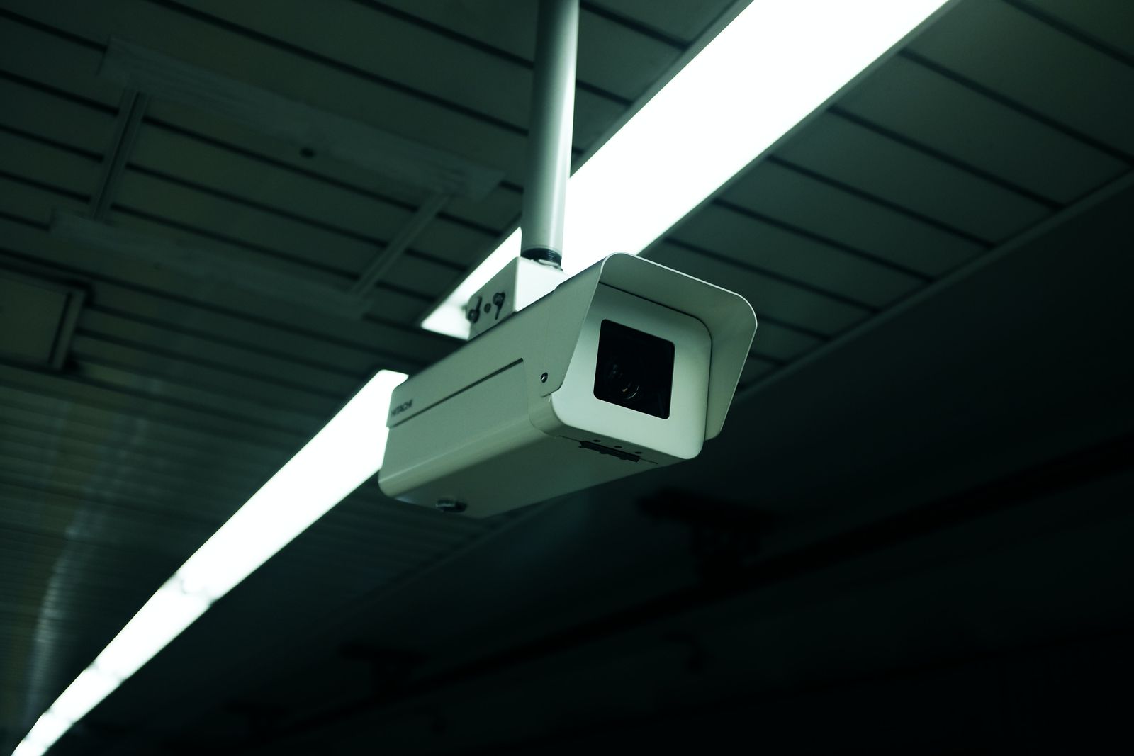 A ceiling mounted security camera inside a store