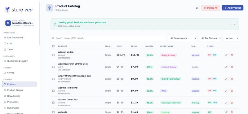Product catalog with multiple UPCs, pack sizes and store pricing